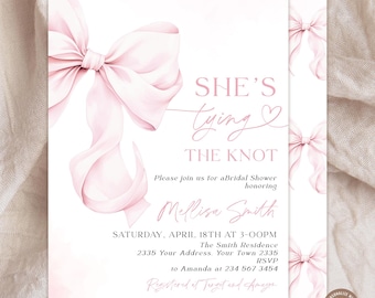 Editable Pink Bow Bridal Shower Invitation. She's Tying the Knot, Editable Minimalist Design