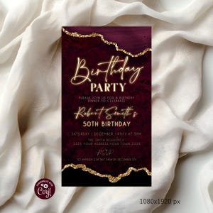 Editable Agate Birthday Party Digital Invitation, Burgundy and Gold Mobile Text Evite