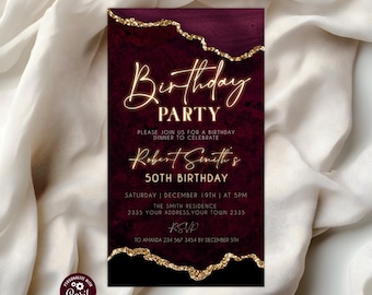 Editable Agate Birthday Party Digital Invitation, Burgundy and Gold Mobile Text Evite