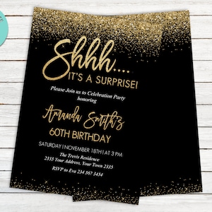 Invitación editable de 60 cumpleaños. Invitación de cumpleaños sorpresa. Invitación de brillo negro y dorado. Negro y oro. Brillo dorado. Cualquier edad.