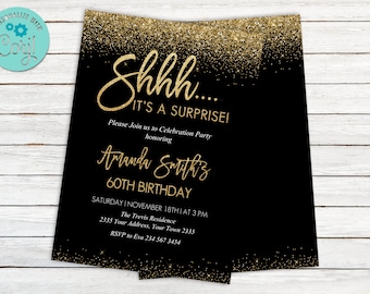 Editable Black & Gold Glitter 60th Birthday, Surprise Party Invitation (Digital Item)