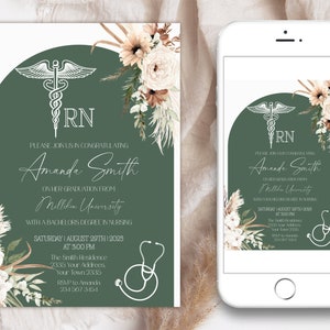 Editable Nursing Graduation Invitation. Registered Nurse Invitation. Floral RN invitate. Licensed Vocational Nurse. Boho Floral Graduation.