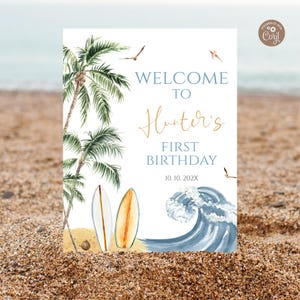 Editable The Big One Surf Birthday Welcome Sign. Surfboard Birthday Poster. Surf Wave, Beach, Retro Surfboard, Summer Pool Sign.