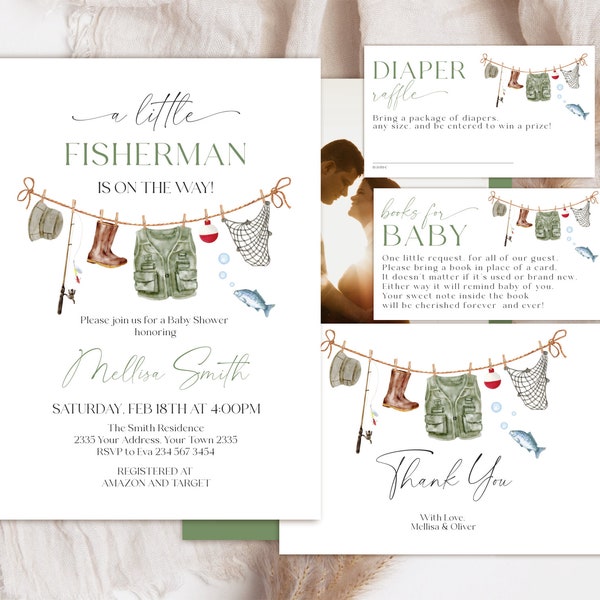 Editable Fishing Baby Shower Invitation Set.  A Little Fisherman Is On The Way Baby Shower Invite. Reel Fish Fishing Outdoors Boy Clothes.