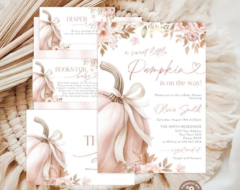 Pink Pumpkin Baby Shower Invitation Set (Editable). Fall Baby Shower Invite. Beige Flowers.