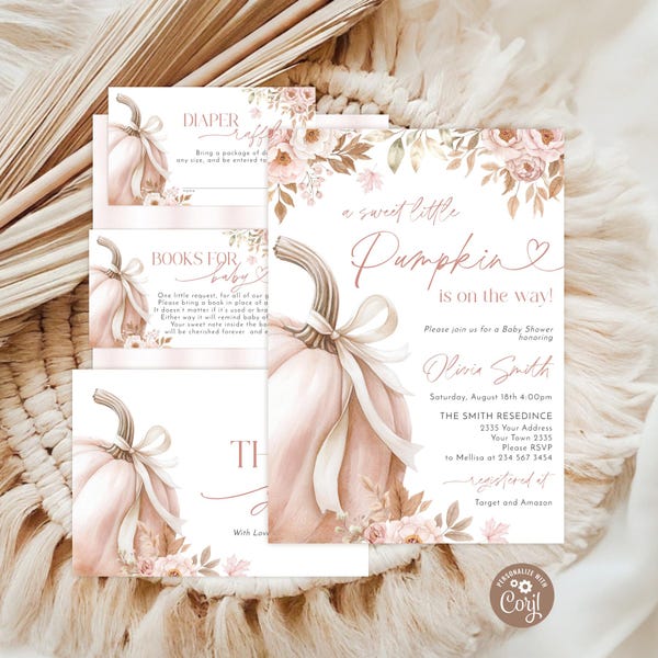 Pink Pumpkin Baby Shower Invitation Set (Editable). Fall Baby Shower Invitation. Pink, Beige Flowers.