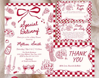 Editable Special Delivery Baby Shower Invitation Set. Italian Pizza  Theme Invite. Hand Drawn Baby Shower Invite. Gender Neutral Invite.