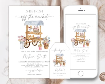 Editable She's Off The Market Bridal Shower Invitation. Farmers Market Flower Shop Bridal Shower. She's Fresh Off The Market Flower Shop.