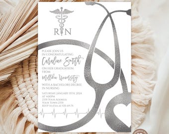 Editable Nursing Graduation Invitation: Silver Stethoscope (Digital File)