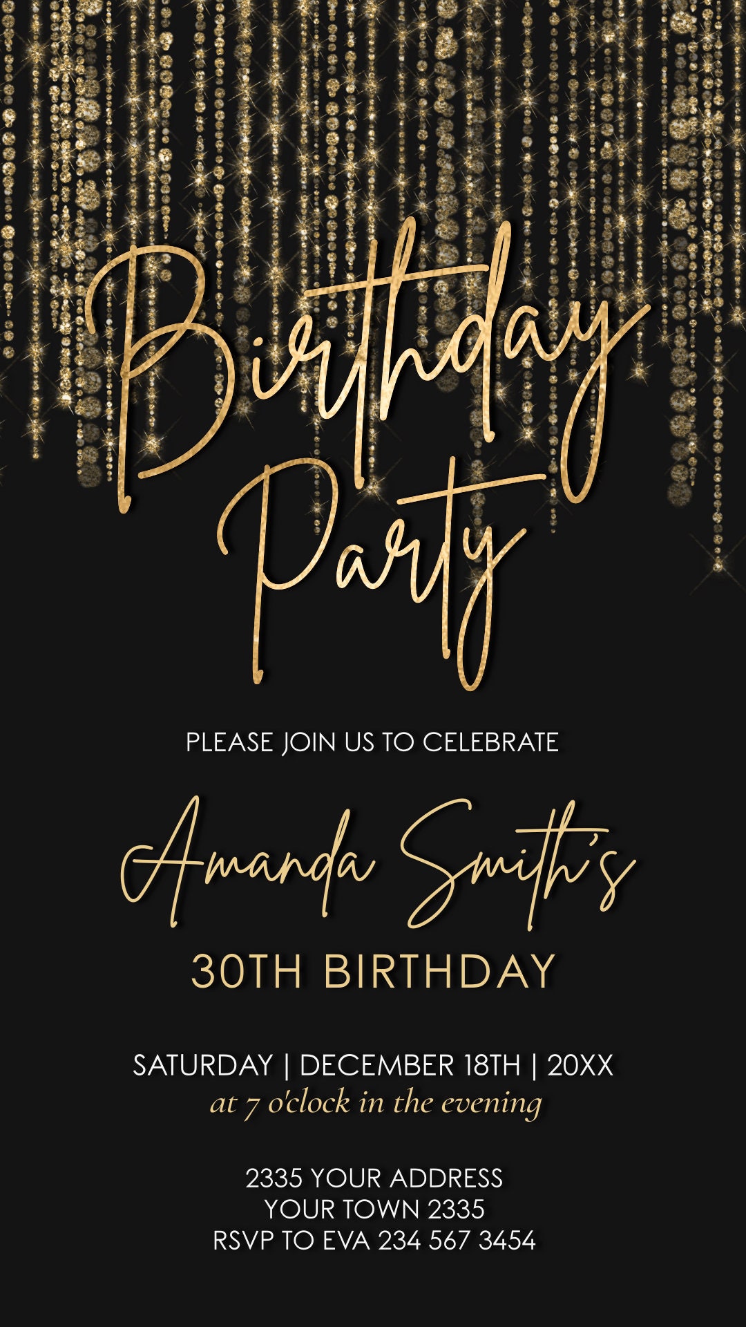 Editable Gold Glitter Birthday Party Digital Invitations. Black and ...