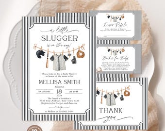 Editable Little Slugger Baby Shower Invitation Set, Baseball Themed Invite (Digital Download)