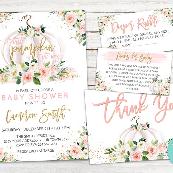 Editable Pumpkin Baby Shower Invite. A Little Pumpkin Is On The Way. Floral Baby Shower Invitation. Fall Shower. Blush, Pink, Gold. Digital.