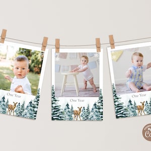 Bannière photo modifiable du premier anniversaire de Winter ONEderland. Cartes d'étape mensuelles de la 1ère année de bébé. Guirlande photo d’hiver imprimable. Fête de décoration