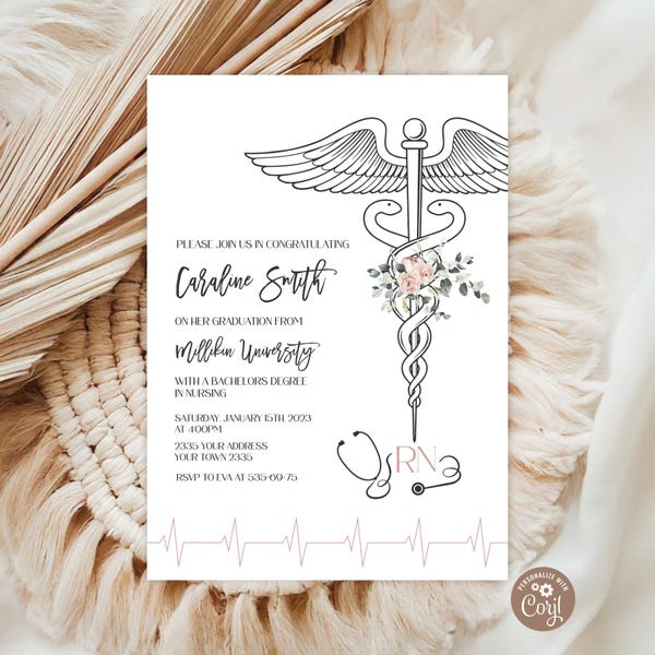 Floral Nursing Graduation Invitation, RN, LVN (Editable Digital). Floral RN invitate. Licensed Vocational Nurse. Black & White Invitation.