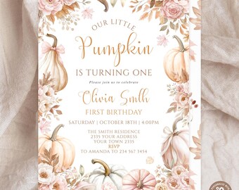 Editable Our Little Pumpkin First Birthday Invitation. Girl Floral Pumpkin 1st Birthday. Coquette Girl Pink Bow Fall Birthday Party Invite.