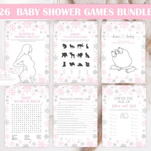 Editable Snowflake Baby Shower Game Pack. A Little Snowflake Is On The Way. Pink and Silver Snowflakes Games. Winter Wonderland Games Bundle