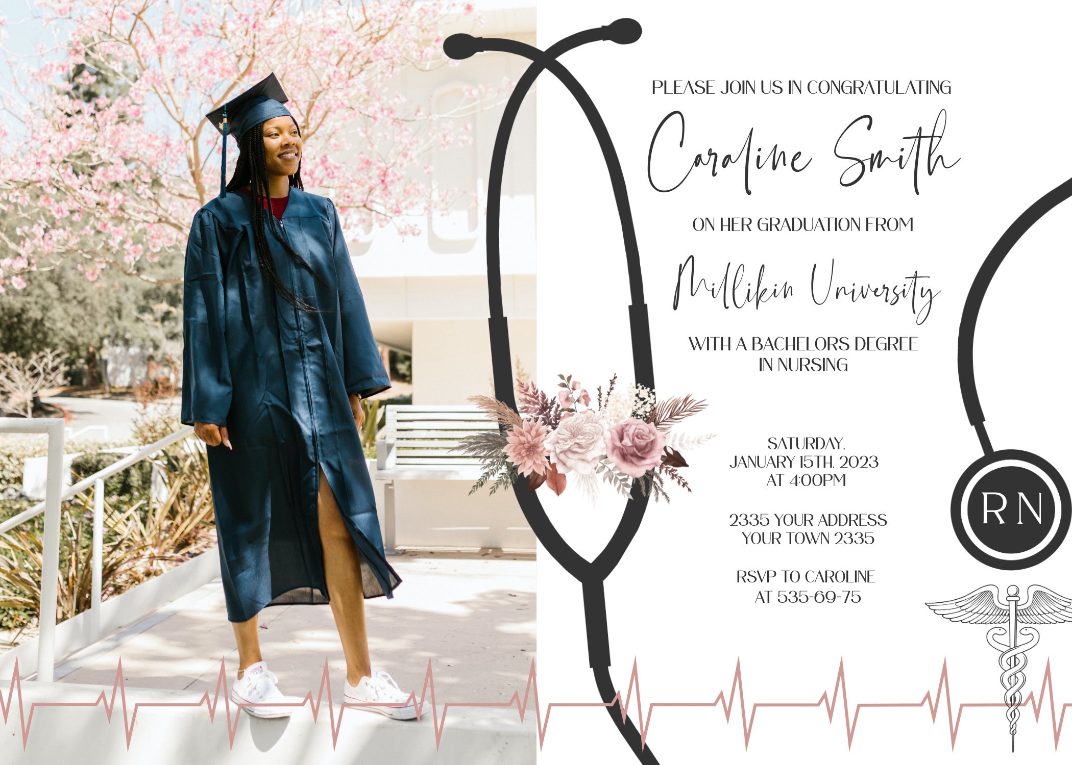 Nursing Graduation Invitation, Boho Floral Photo Invite (editable) - Etsy, image size:2100x1500