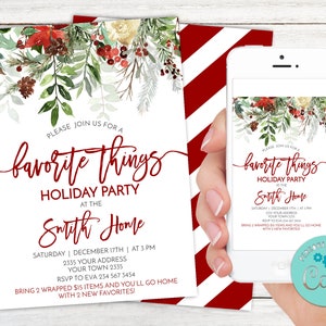 Editable Favorite Things Christmas invitation. Favorite Things Holiday Party Invitation. Holiday Invite. Christmas Invitation. Template.