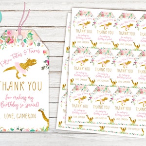 Editable Floral Dinosaur Birthday Thank You Tags. T-Rex, Tutus & Tiaras Tag. Dinosaur Favor Tag. Dinosaur Theme. Thank You Gift Tag Template