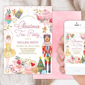 Editable Nutcracker Christmas Tea Party Invitation. Christmas Holiday Tea Party Invite. Winter Land of Sweets Ballerina Flower Tea Party.