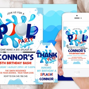 Editable Summer Pool Golf Party Invitation. Sports Pool Birthday Party. Pool Party Birthday. Boy Sports Summer Birthday Invite. Any age.