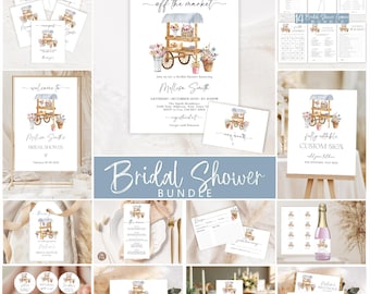 Editable Flower Cart Bridal Shower Invitation Bundle (Digital), Rustic Flower Market Bridal Shower Suite
