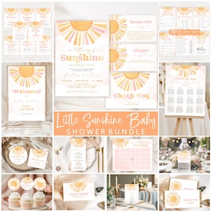 May include: A baby shower stationery bundle featuring a sun motif in shades of yellow, orange, and pink. The collection includes invitations, games, signs, food labels, and thank you cards, all decorated with a consistent sun graphic and text.
