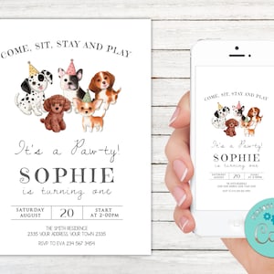 Bearbeitbare Welpen-Geburtstagseinladung: Lets Pawty, Pet Party (Digitaler Artikel)