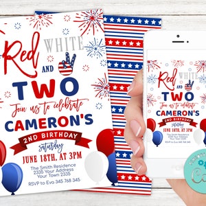 Editable Red White and Two Birthday Invitation. 4th of July Birthday Invitation. 4th of July Invitation. Firecraker Birthday Invitation.