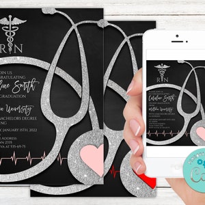 Editable Nursing Graduation Invitation. Registered Nurse Invitation. RN invitation. Licensed Vocational Nurse. Silver & Pink Invitation.