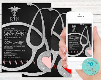 Editable Nursing Graduation Invitation, Silver Stethoscope (Digital Item)