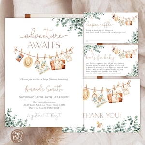 May include: Baby shower invitation set with a watercolor design. The invitation features the text "adventure awaits" and details for the event. Additional cards include "diaper raffle," "books for baby," and a thank you card. The design includes illustrations of baby items.
