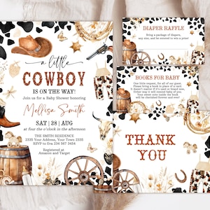 Set di inviti per baby shower modificabili da cowboy. Un piccolo pacchetto di inviti per baby shower da cowboy. Brown Wild West Western Boy all'aperto Rodeo Country.