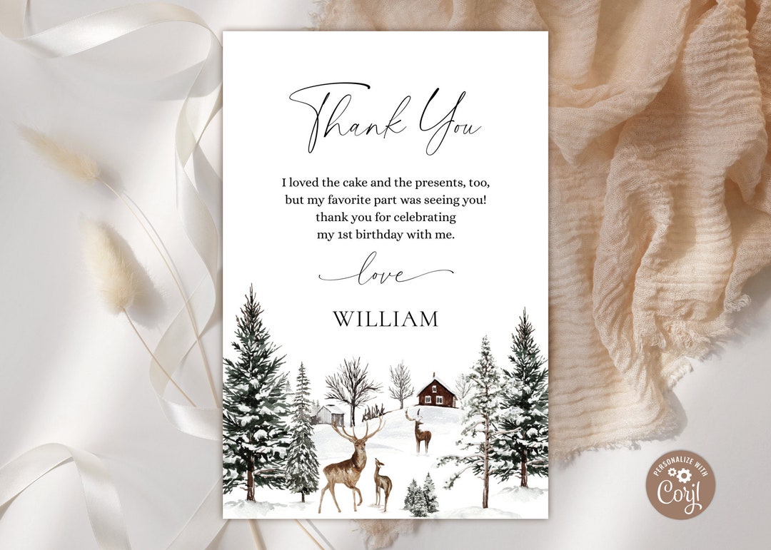 Editable Winter Onederland Birthday Thank You Card. Winter First ...