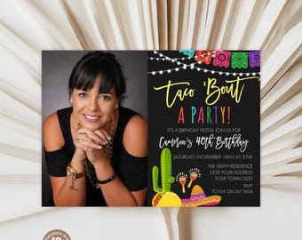 Editable Taco 'Bout Birthday Party Invitation With Photo. Fiesta Birthday Party Invite. Taco 'Bout Party Fiesta. Cactus Invitation. Any age.