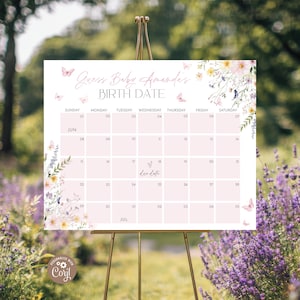 May include: A rectangular sign featuring a calendar for June and July with the text Guess Baby Amanda's BIRTH DATE. The design includes light pink grid squares, delicate floral illustrations in the corners, and small pink butterflies.