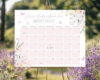 Baby in Bloom Due Date Calendar Sign, Editable Wildflower Baby Shower Guessing Game Template