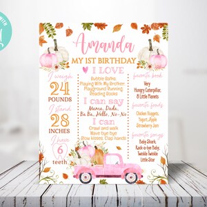 Póster editable del hito del cumpleaños de calabaza. Nuestro pequeño cartel de hito de calabaza. Camión de calabazas. Primer cumpleaños de niña. Acuarela Calabaza Otoño