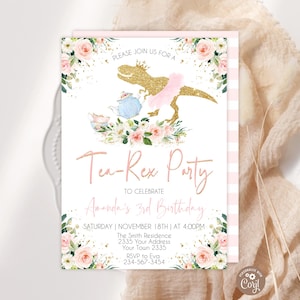 Floral Dinosaur Tea Party Invitation, Tutu T-Rex (Editable Digital Item)