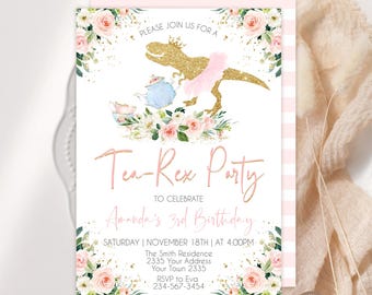 Floral Dinosaur Tea Party Invitation, Tutu T-Rex (Editable Digital Item)