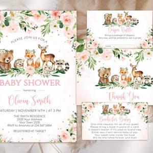 Bewerkbare bos baby shower uitnodiging set. Bloemen babyshower. Roze baby shower uitnodiging. Meisje bosdieren. Roze dieren. Blozen roze