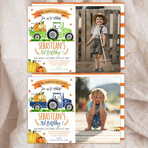 Editable Tractors, Pumpkins, Bales of Hay Birthday Invitation. Green Blue Tractor Truck Birthday Invite. Pumpkin Party Invite With Photo.