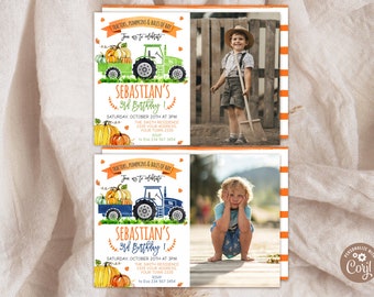 May include: Two rectangular birthday invitation cards featuring a watercolor tractor, pumpkins, and hay bales. The text reads TRACTORS, PUMPKINS & BALES OF HAY, Join us to celebrate, SEBASTIAN'S 3RD BIRTHDAY, and event details. One card shows a green tractor, the other a blue tractor.