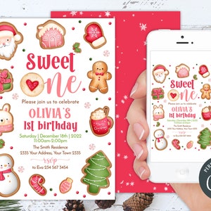 Editable Christmas Girl Birthday Invitation. First Birthday. Holiday Cookie Party. 1st Birthday Party. Sweet One Christmas. Birthday Girl.