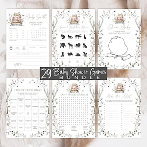 Könnte beinhalten: Ein Set aus sechs weißen Spielkarten für Babypartys, jeweils mit floralem Rand und einer Illustration eines Bücherstapels. Die Karten enthalten Titel wie Predictions & Advice, Animal Gestation Game, Draw Baby, Find the Guest Bingo, Baby Word Search und Baby Item ABC. Der Text 29 Baby Shower Games Bundle ist mittig platziert.