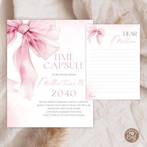 Editable Pink Bow First Birthday Time Capsule Sign. Soft Pastel Pink Bow Time Capsule Cards. Dusty Pink Ribbon Time Capsule Template.