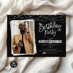 Editable Birthday Invitation Template, Modern Silver Glitter Photo Birthday Invite (Digital), Adult, Any Age