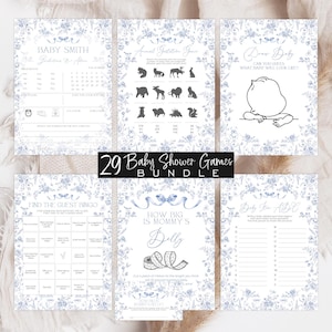 May include: A set of 29 printable baby shower games in a blue and white floral design. The games include "Find the Guest Bingo", "How Big is Mommy's Belly", "Guess the Baby Food", "Animal Guessing Game", and "Don't Say Baby".