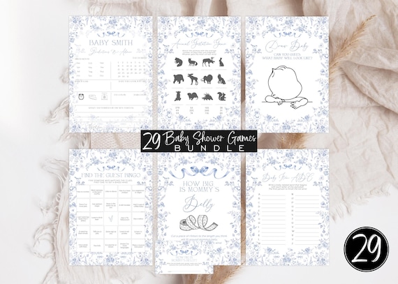 Editable Toile De Jouy Baby Shower Games Bundle. Blue Ribbon Floral Bearly Wait Boy Baby Shower Game Pack. Chinoiserie Nursery Jouy Games.
