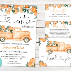 Bearbeitbare kleine Cutie ist auf dem Weg Baby-Dusche-Einladungs-Set. Orange Babyparty einladen. Geschlechtsneutrale Babyparty. Auto mit Orangen.